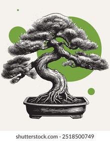 Ilustración vectorial de estilo de grabado de Antiguas del bonsái del arte del árbol japonés en una olla de cerámica del bonsái