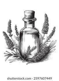 Vintage engraving style vector illustration of a bottle of essential oil for medicinal or cosmetic use
