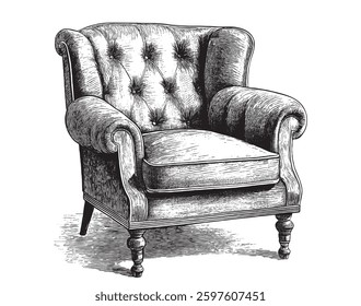 Vintage engraving style vector illustration of a single classic looking comfy armchair