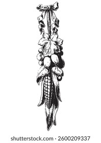 Vintage engraving style vector illustration of bunch of corns and grapes
