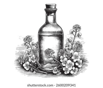 Vintage engraving style vector illustration of a bottle of essential oil for medicinal or cosmetic use