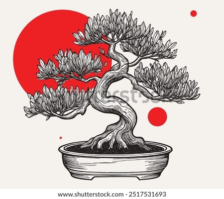 Vintage engraving style vector illustration of Japanese tree art bonsai in a ceramic bonsai pot