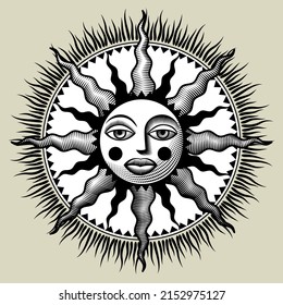 Vintage Gravur stilisierte Zeichnung des runden dekorativen Symbols der Sonne mit Gesicht und Strahlen. Vektorgrafik
