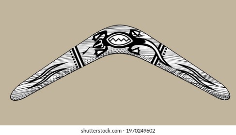 Vintage Engraving Stylized Drawing Of Wood Boomerang With Ornament. Vector Illustration