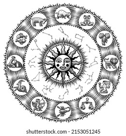 Vintage engraving stylized drawing of zodiac circle with the sun, zodiacal signs and the constellations. Calendar cover design. Vector illustration