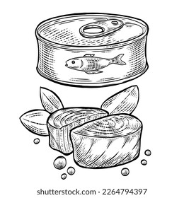 Vintage Engraving of Tinned Fish in Black and White: Intricately detailed illustration of preserved fish in a classic tin can, rendered in a black and white engraving style that adds texture and depth