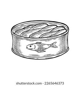 Vintage Engraving of Tinned Fish in Black and White: Intricately detailed illustration of preserved fish in a classic tin can, rendered in a black and white engraving style that adds texture and depth