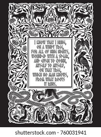 Vintage engraving. The Tree of Life in Norse mythology, animals and humans, the serpent and the sayings of the Norse God Odin, isolated on black, vector illustration