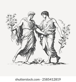 Vintage engraving of two ancient Greek men in flowing robes, holding flowers. Classic mythology and historical artwork style