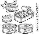 Vintage Engraving vector set of Tinned Fish: Intricately detailed illustration of preserved fish in a classic tin can, rendered in a black and white engraving style that adds texture and depth