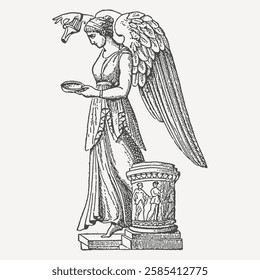 Vintage engraving of a winged goddess holding a bowl and pouring liquid. Inspired by classical mythology, perfect for antique-style prints and historical designs.