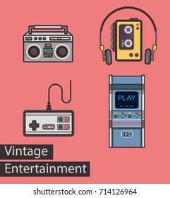 VIntage Entertainment Set. Flat Style Retro Vector Illustration with Arcade, Boombox, Cassette Player and Joystick.
