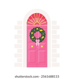 Vintage entrance door adorned with Christmas wreath. Pink vector illustration for holiday designs, Christmas greetings and seasonal decorations