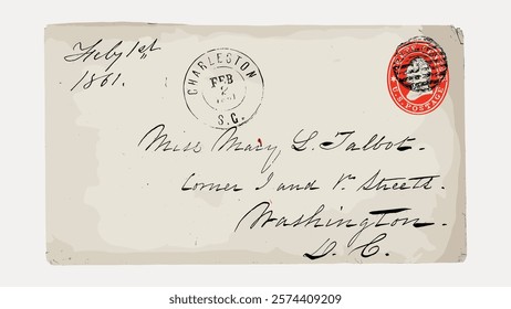 Vintage envelope with Charleston postmark, red stamp, and handwritten address. Historic envelope, classic postmark, and elegant handwriting. Vintage style art drawing, isolated vector element.