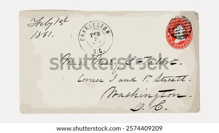 Vintage envelope with Charleston postmark, red stamp, and handwritten address. Historic envelope, classic postmark, and elegant handwriting. Vintage style art drawing, isolated vector element.