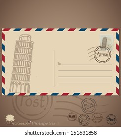 Vintage-Briefumschlag-Designs mit Briefmarke. Vektorgrafik.