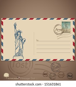 Vintage envelope designs with postage stamp. Vector illustration.