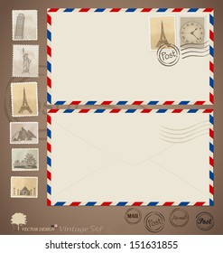 Vintage envelope designs and stamps. Vector illustration.