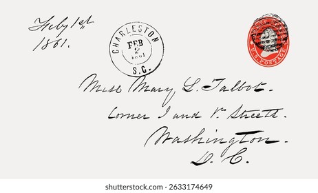 Envelope vintage com endereço manuscrito, datado de 1881. Possui carimbo postal de Charleston e carimbo postal vermelho. Elegante roteiro e charme histórico. Vintage arte ilustração vetor.