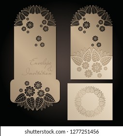 Vintage envelope and invitation for laser cutting. Openwork cover and card design for wedding, Valentine's Day, romantic party. Vector illustration.