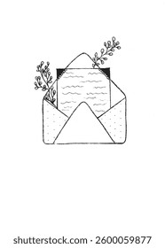A vintage envelope with a letter drawing, featuring a hand drawn aesthetic with floral elements. Perfect for art lovers, stationery fans, and tattoo inspiration. A timeless minimalist sketch.