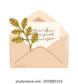Vintage envelope with letter and green sprig, branch. Interior decorative element. Vector illustration isolated on transparent background. 
