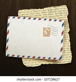 Vintage envelope and letter on wooden background. Vector illustration, EPS10