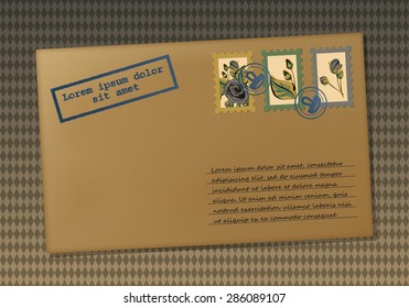 Vintage envelope. Envelope for the letter. Stamps with flowers. Printing with place for your text. Retro background in rhombus. Vector graphics.