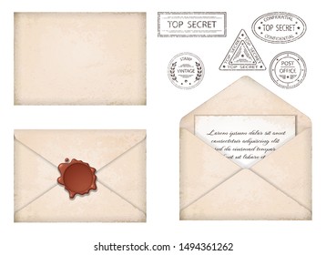 Vintage envelope. Letter with wax seal and stamps. Old grunge paper, stamps top secret. Old mail delivery. Retro style. Isolated. Vector illustration