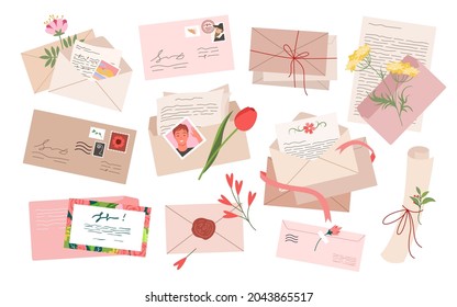 Vintage envelope with mail paper letter set vector illustration. Cartoon retro envelopes with postage stamp, postal invitation, travel postcard and hand written calligraphy document isolated on white