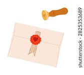 Vintage envelope with red heart wax seal and wooden stamp vector illustration. Isolated romantic love letter clipart for Valentine Day, wedding invitation, and decor.