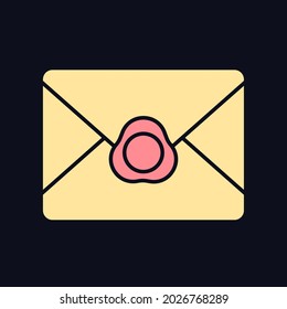 Vintage envelope RGB color icon for dark theme. Old fashioned wax seal. Retro style. Victorian letter. Isolated vector illustration on night mode background. Simple filled line drawing on black