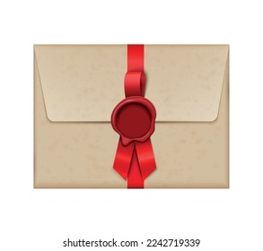 Vintage envelope with wax seal and red ribbon realistic vector illustration