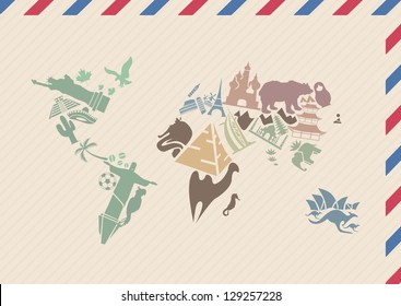 Vintage envelope with world map made of landmarks | International airmail envelope with world map picture