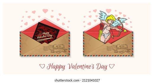 Vintage envelopes with congratulations for Valentine's Day. Cupid shoots a bow. Be my Valentines. Happy Valentine's Day. Vector illustration