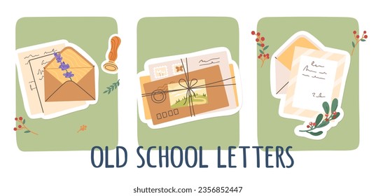 Vintage envelopes mail with letters, postcards set. Old school paper letters messages, post stamps, postmarks, flowers. Postal communication, correspondence concept background flat vector illustration