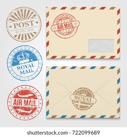 Vintage envelopes template with grunge postal stamps. Envelope with stamp air mail. Vector illustration