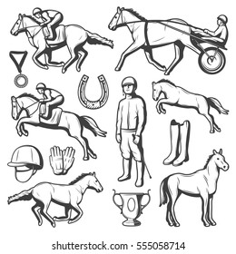 Vintage equestrian sport elements collection with horses riders cup medal horseshoe boots gloves cap isolated vector illustration