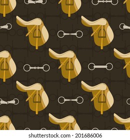 Vintage equine background with saddles and bits. Perfect equine seamless texture made in vector. Horseriding design. Horse supplies.