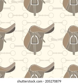 Vintage Equine Background With Saddles And Bits. Perfect Equine Seamless Texture Made In Vector. Horseriding Design. Horse Supplies.
