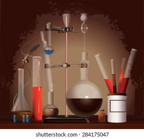 Vintage equipment for chemical lab. Equipment alchemist, apothecary.