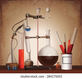 Vintage equipment for chemical lab. Equipment alchemist, apothecary.