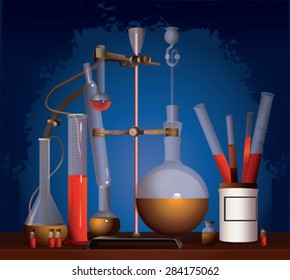 Vintage equipment for chemical lab. Equipment alchemist, apothecary.