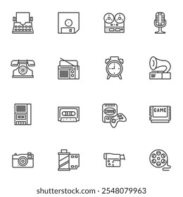 Vintage equipment line icons set, outline vector symbol collection, linear style pictogram pack. Signs, logo illustration. Set includes icons as retro printing machine, vintage microphone, retro phone