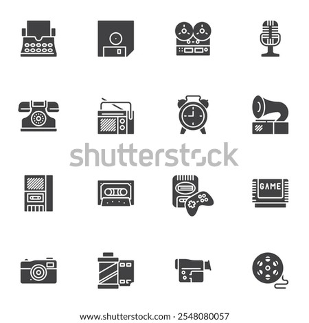 Vintage equipment vector icons set, modern solid symbol collection, filled style pictogram pack. Signs, logo illustration. Set includes icons as retro printing machine, vintage microphone, retro phone