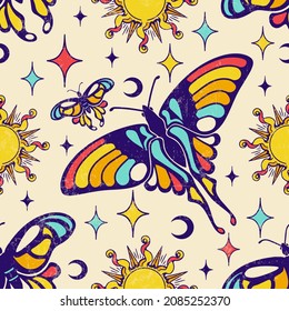 Vintage esoteric celestial seamless pattern with butterfly, crescent moon, sun. Sky magic background for fabric, wallpaper, packaging, astrology, phone case, wrapping paper.