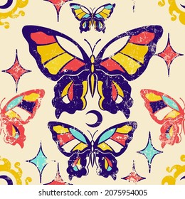 Vintage esoteric seamless pattern with butterfly, crescent moon. Celestial magic background for fabric, wallpaper, packaging, astrology, phone case, wrapping paper.