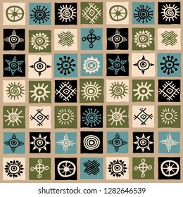 Vintage ethnic background with squares and sun symbols