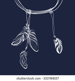 Vintage ethnic feather for your business. Ethnic set in native style. Vector decorative elements hippie. White feathers on a dark background. Native american indian dream catcher, traditional symbol.