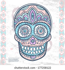 Vintage ethnic hand drawn human skull